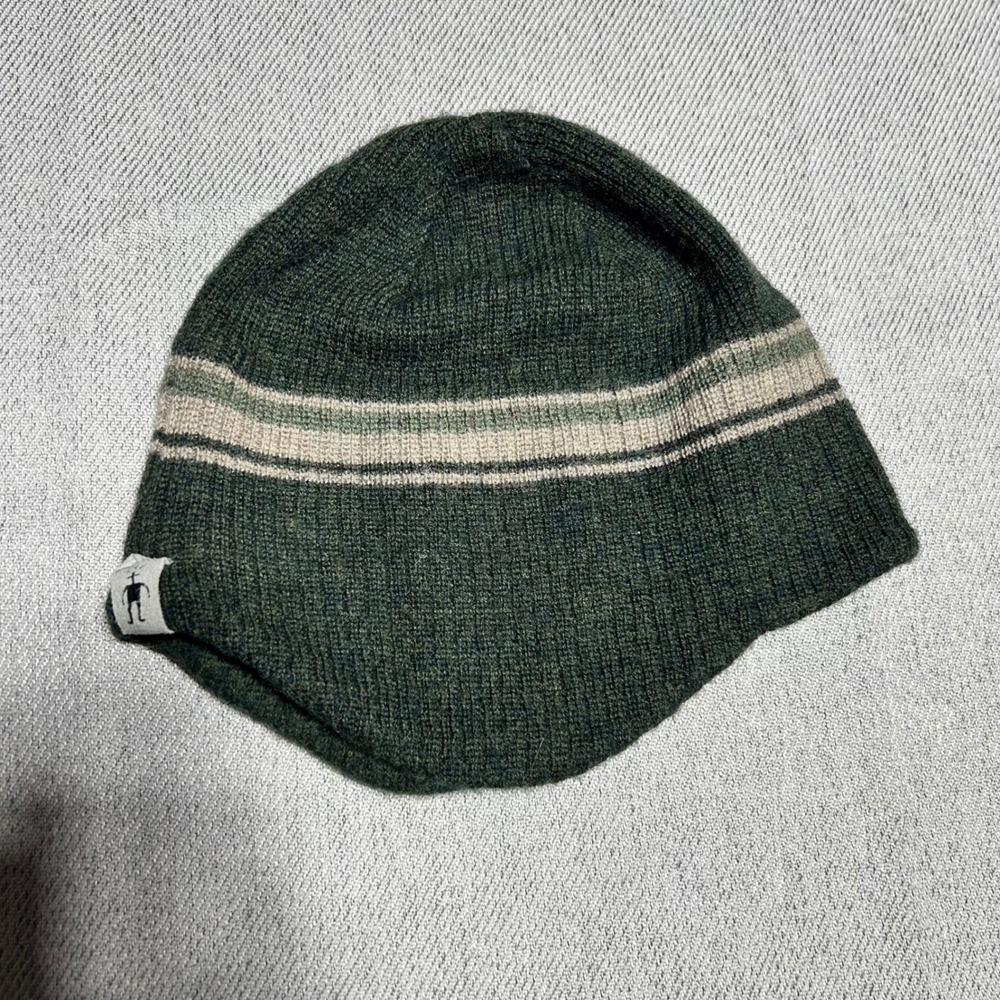 Smartwool Beanie Hat Unisex OS Forest Green Merino Wool Earflap Striped Knit